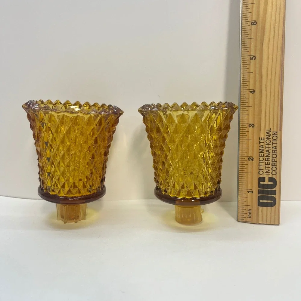 Vintage Amber Diamond Point Glass Votive Peg Candle Holder Set of‎ 2 Cup Sconce